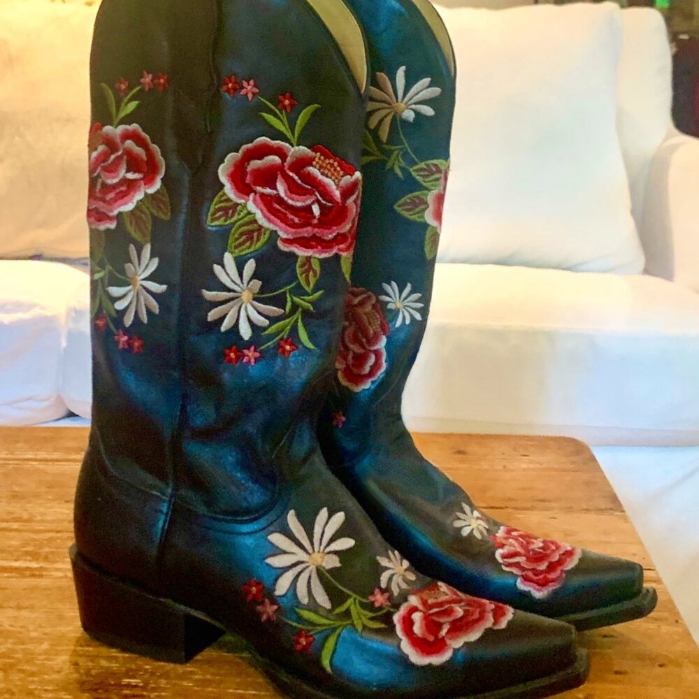 Women's Stetson Rose Leather Boots Handcrafted Black